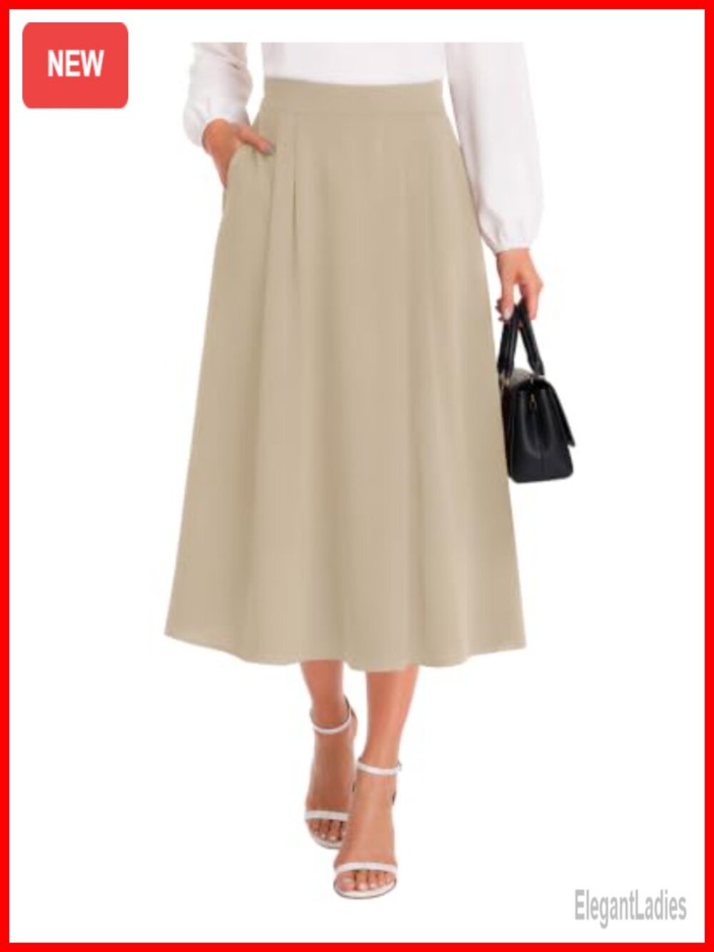 Women's High Waisted Midi Skirt ALine Pleated with Pockets